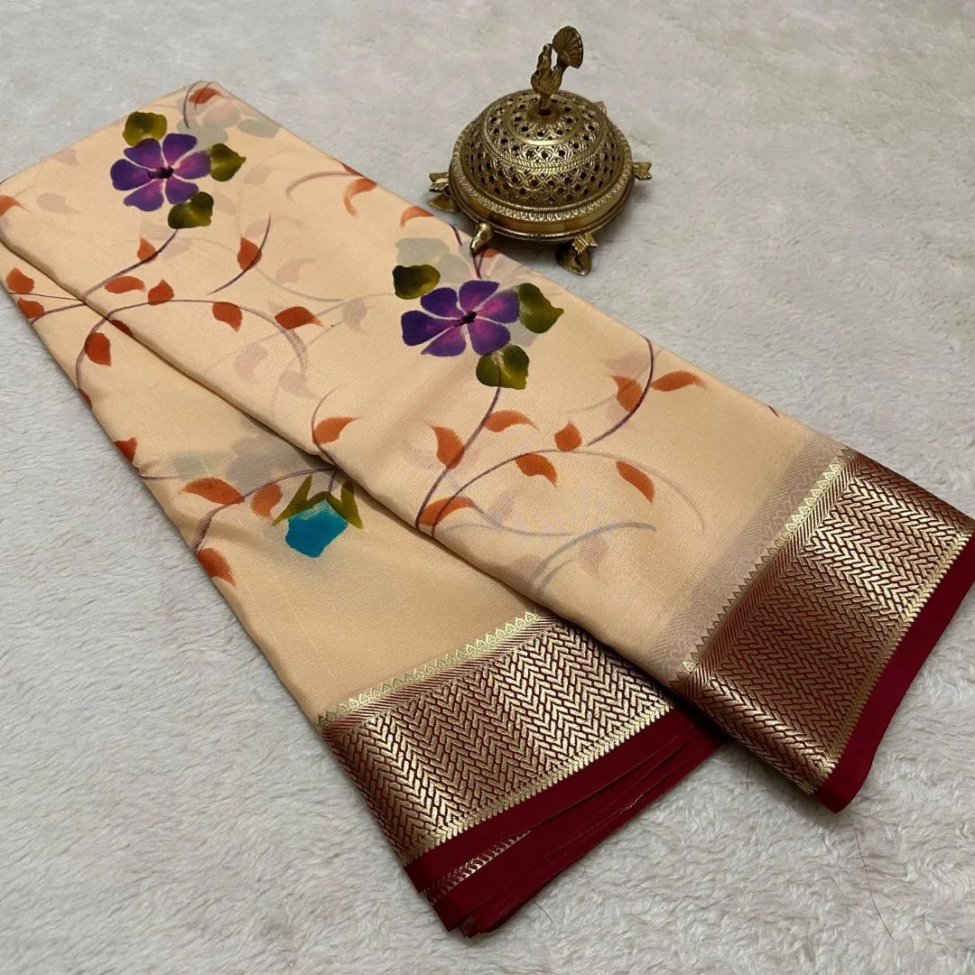 Pure Beige Printed Mysore Soft Silk Saree With Blouse