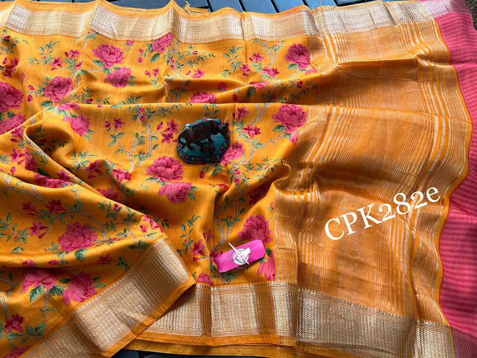 Orange Assam Pattu Casual Saree Digital Printed Soft Silk With Woven Border