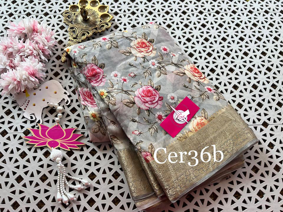 Explore the latest designer crepe georgette saree featuring stunning floral prints.