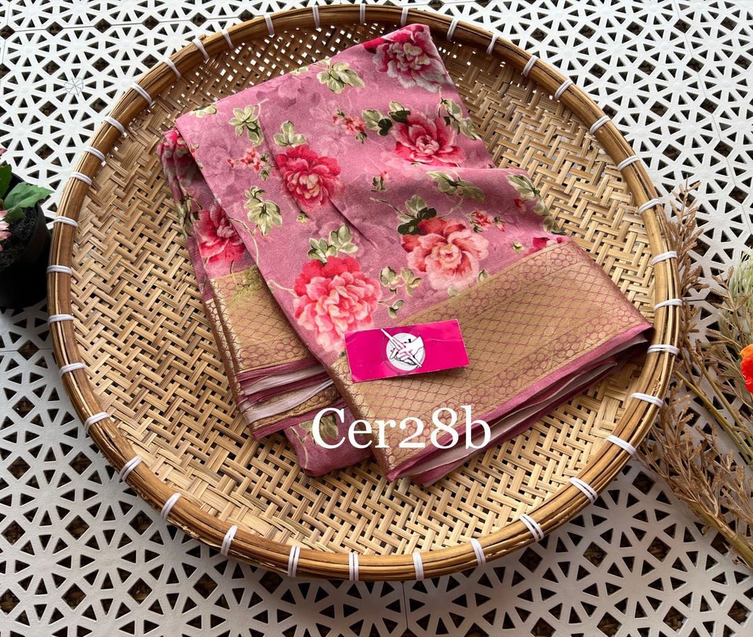 Lovely Soft Silk Pink Digital Printed Zari Border Saree
