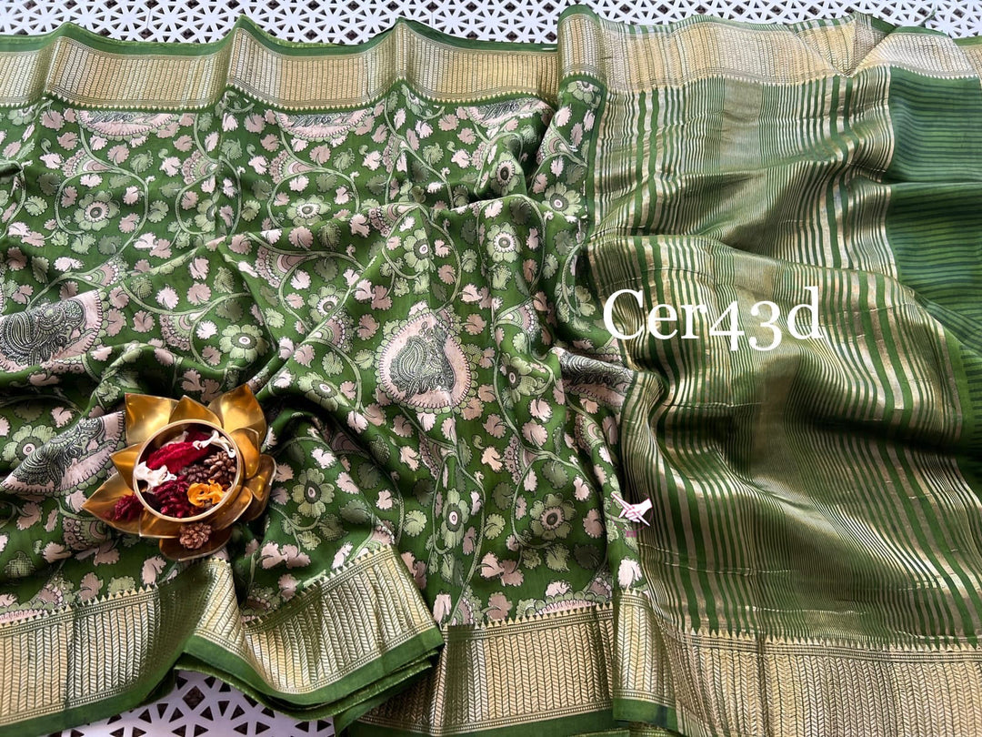 Rich Green Tussar Silk Saree Digital Floral Print With Traditional Zari Edging