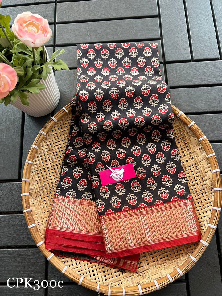 Premium Handloom Tussar Soft Silk Saree Black And Red Zari Border