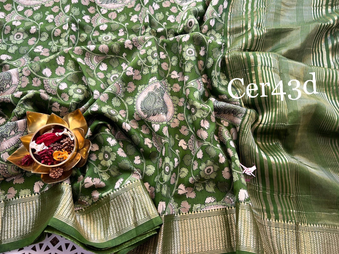 Rich Green Tussar Silk Saree Digital Floral Print With Traditional Zari Edging