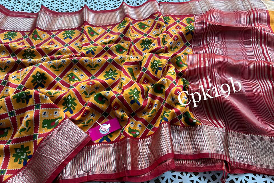 Soft Tussar Silk Saree Red And Yellow Ethnic Handloom Style With Digital Art And Zari Finish