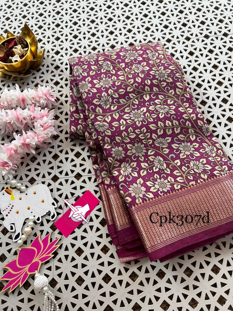 Purple Tusser Soft Silk Sarees With Zari Border