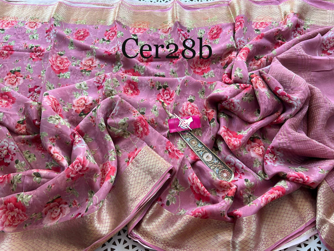 Lovely Soft Silk Pink Digital Printed Zari Border Saree