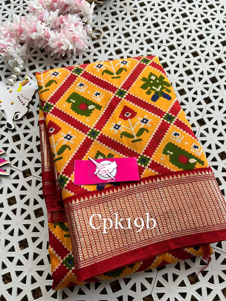 Soft Tussar Silk Saree Red And Yellow Ethnic Handloom Style With Digital Art And Zari Finish