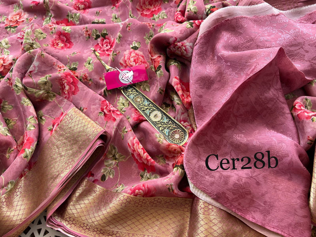 Lovely Soft Silk Pink Digital Printed Zari Border Saree