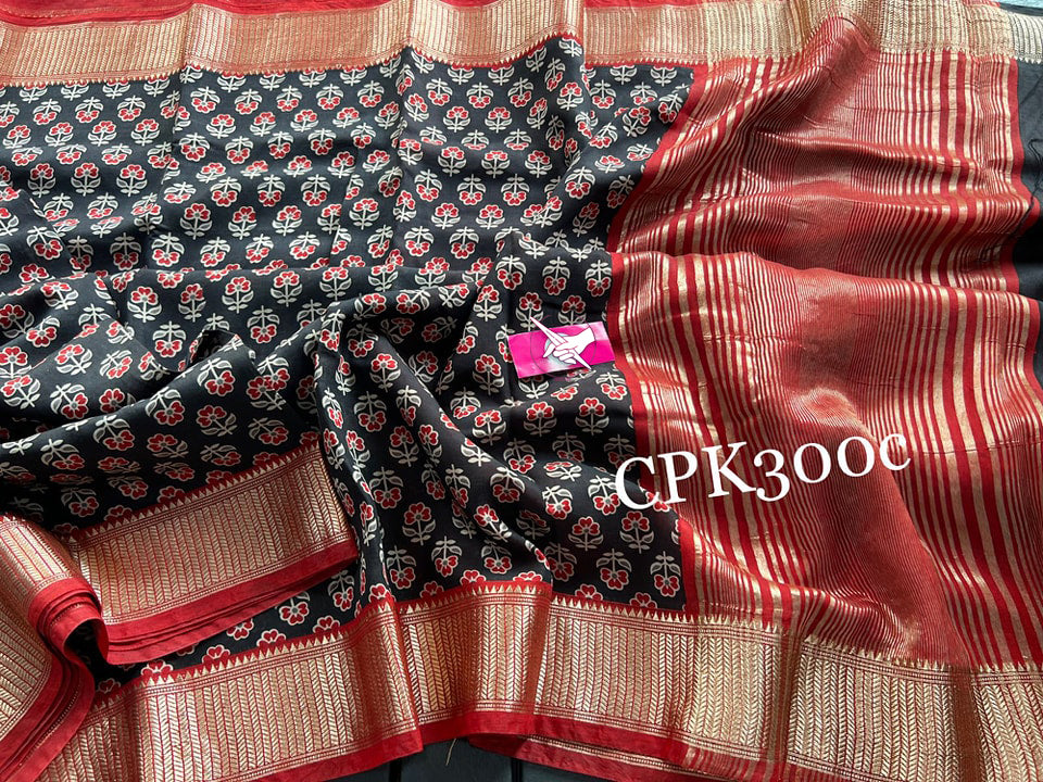 Premium Handloom Tussar Soft Silk Saree Black And Red Zari Border