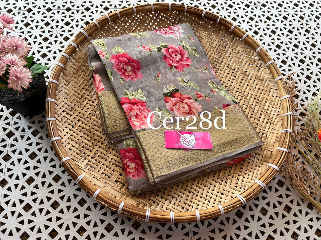 Grey Soft Silk Saree Digital Printed Design With Rich Zari Border