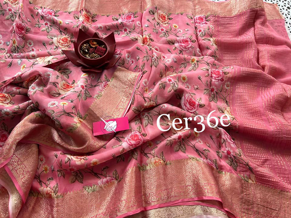 Soft Silk Printed Saree In Pink Lightweight Crepe Georgette With Blouse Fabric