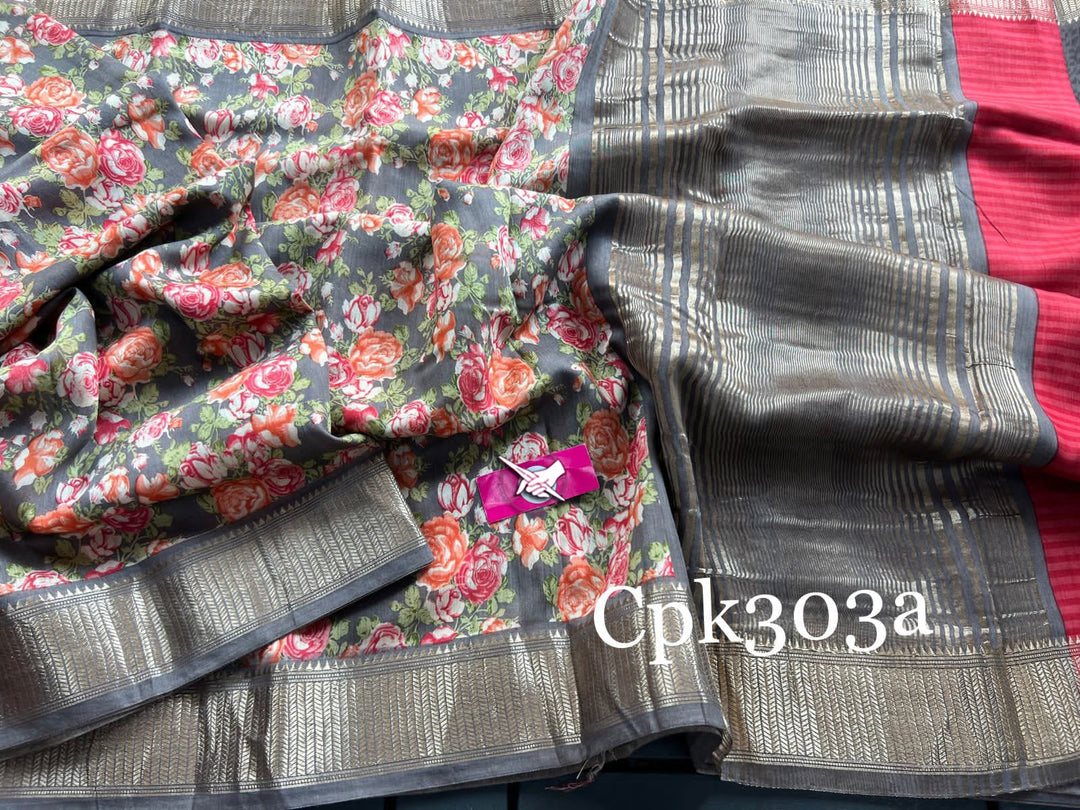 Classic Tussar Silk Saree In Gray Digital Print And Traditional Zari Weave