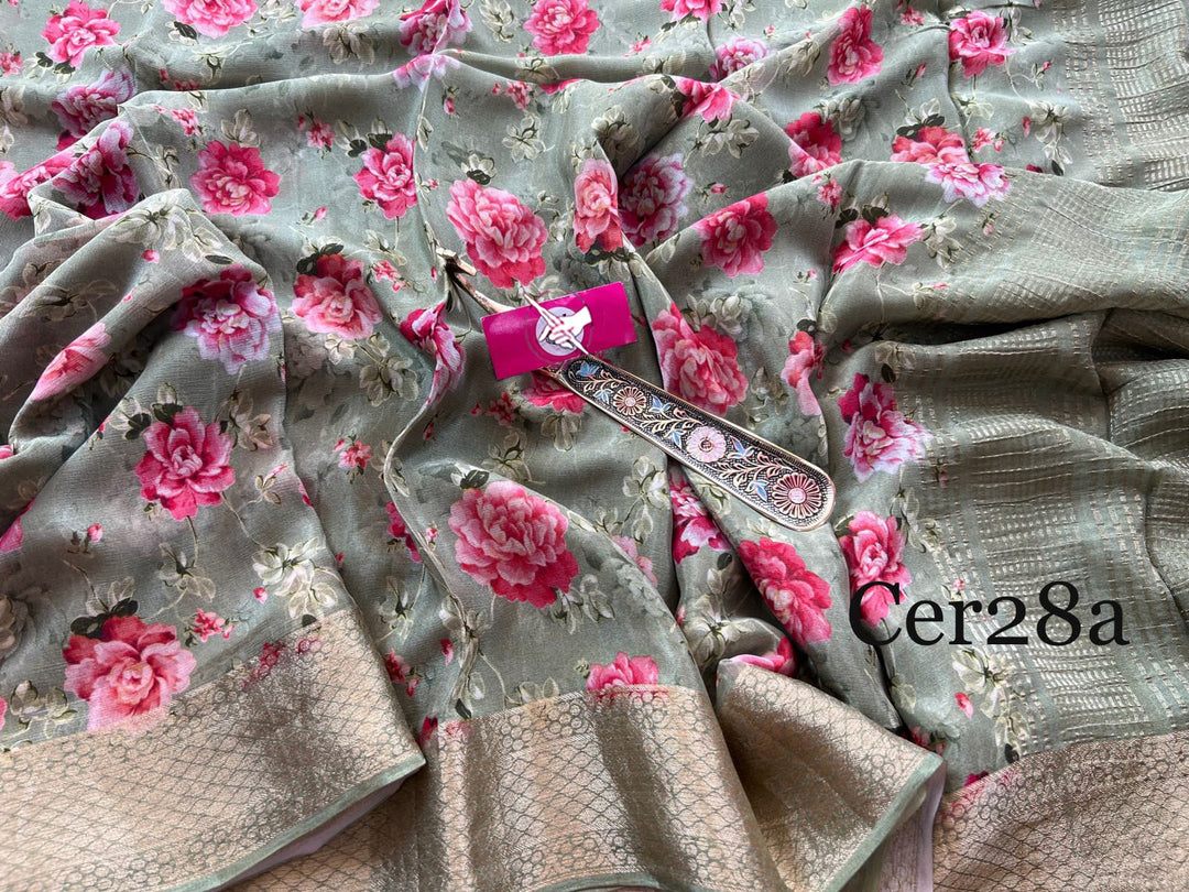 Grey Soft Silk Saree Digital Printed Design With Rich Zari Border