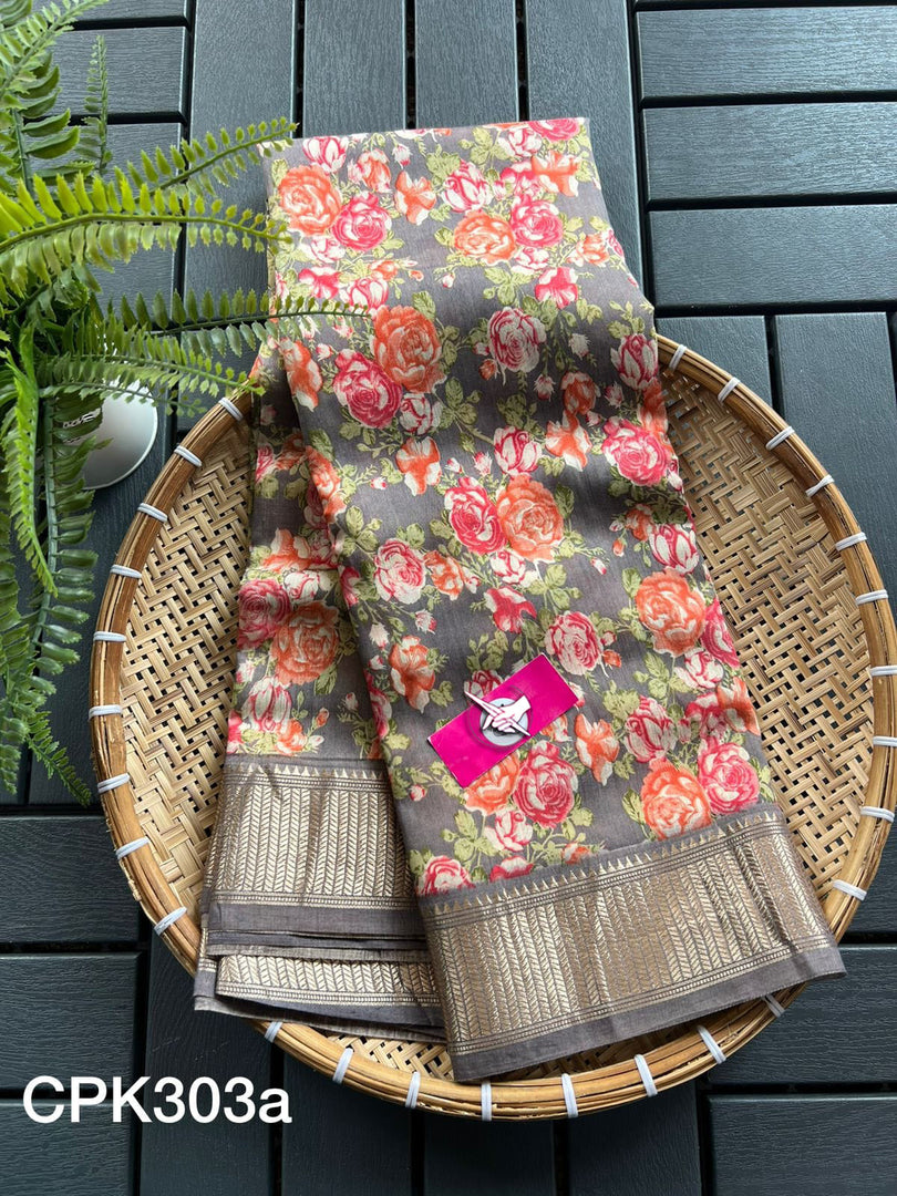 Classic Tussar Silk Saree In Gray Digital Print And Traditional Zari Weave