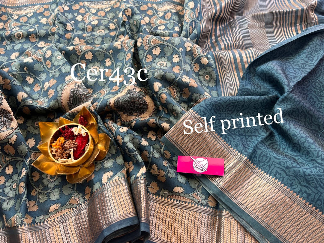Pure Handloom Tussar Silk Saree Blue Digital Art Print And Golden Zari Border