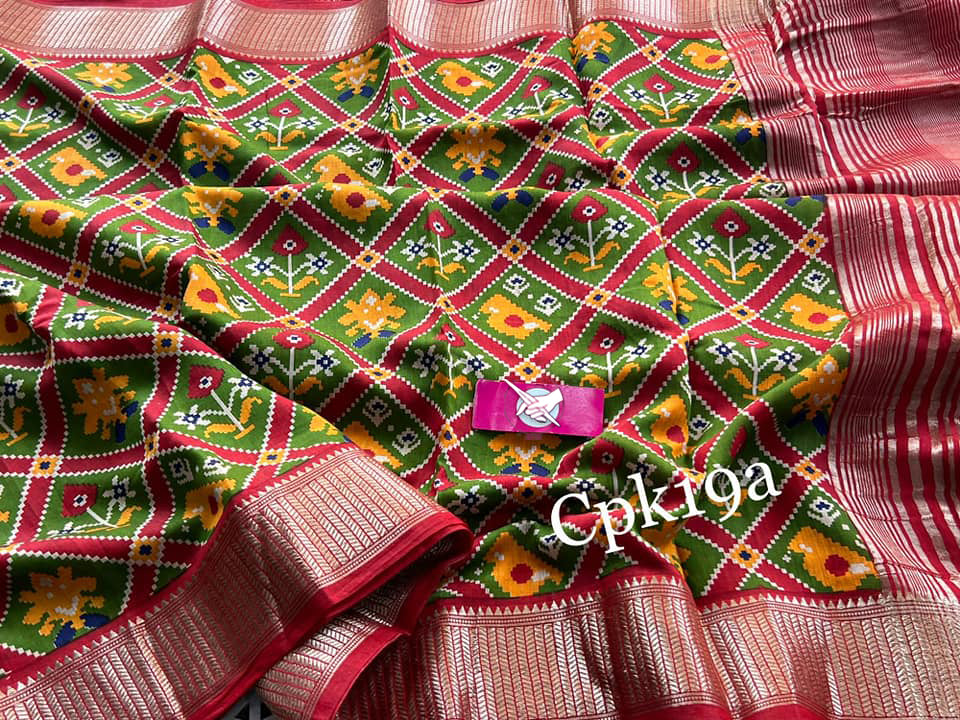 Green And Red Tussar Silk Handloom Saree Digital Print With Rich Zari Weaving