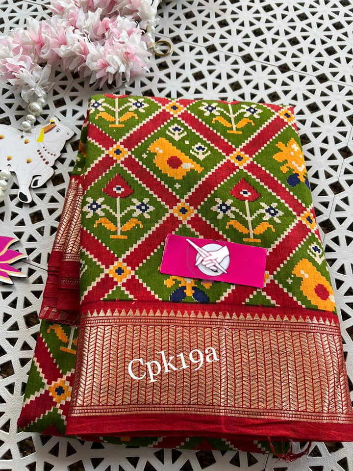 Green And Red Tussar Silk Handloom Saree Digital Print With Rich Zari Weaving