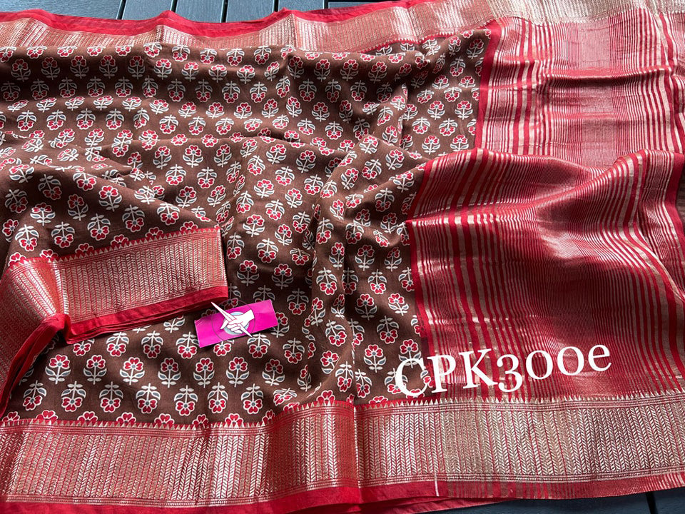 Pure Tussar Soft Silk Saree Brown And Red With Traditional Handloom Zari Border