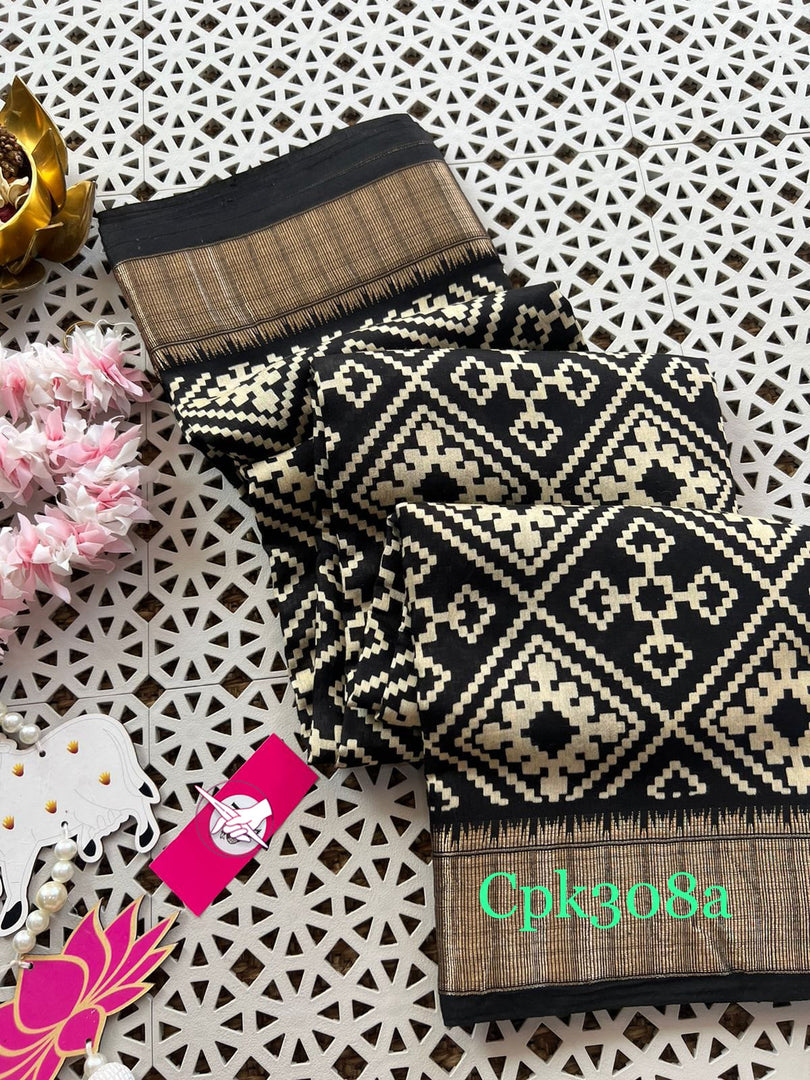 Elegant Black Handloom Tussar Silk Saree Digital Print With Rich Zari Border
