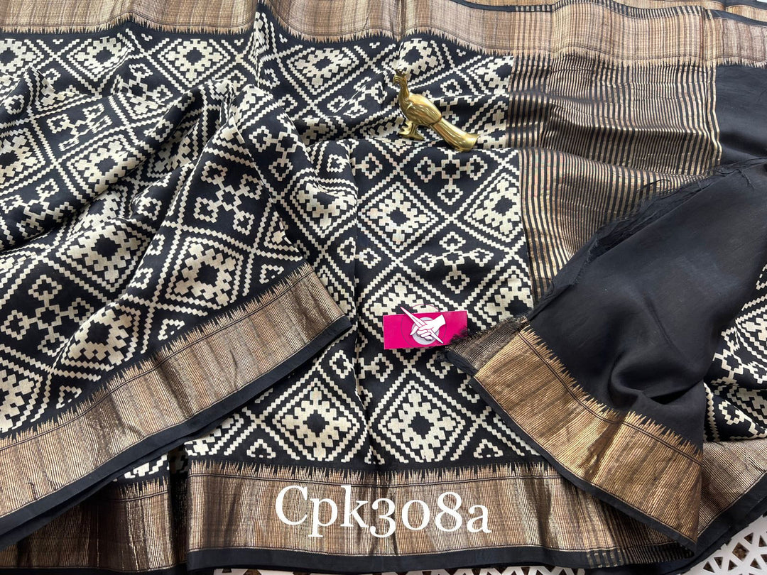 Elegant Black Handloom Tussar Silk Saree Digital Print With Rich Zari Border