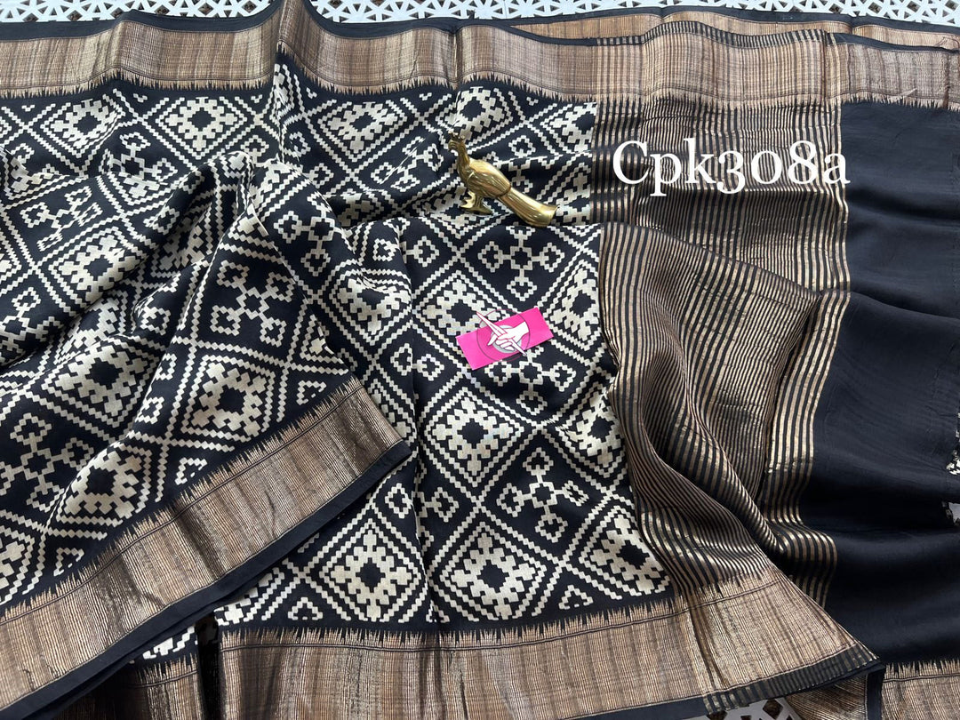 Elegant Black Handloom Tussar Silk Saree Digital Print With Rich Zari Border