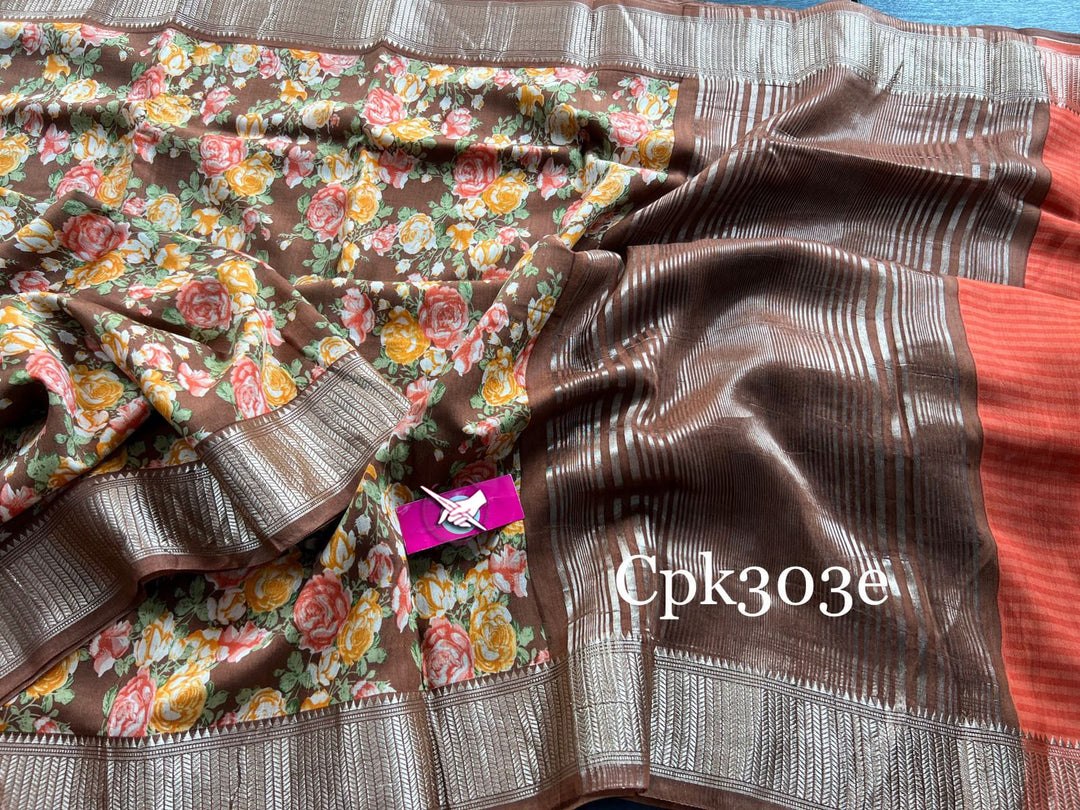Handloom Tussar Silk Saree With Zari Border And Ethnic Digital Prints Brown Colour