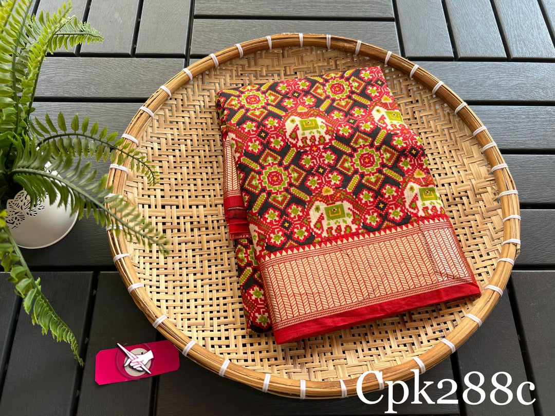 Tussar Silk Digital Print Saree Red Elegant With Zari Edge