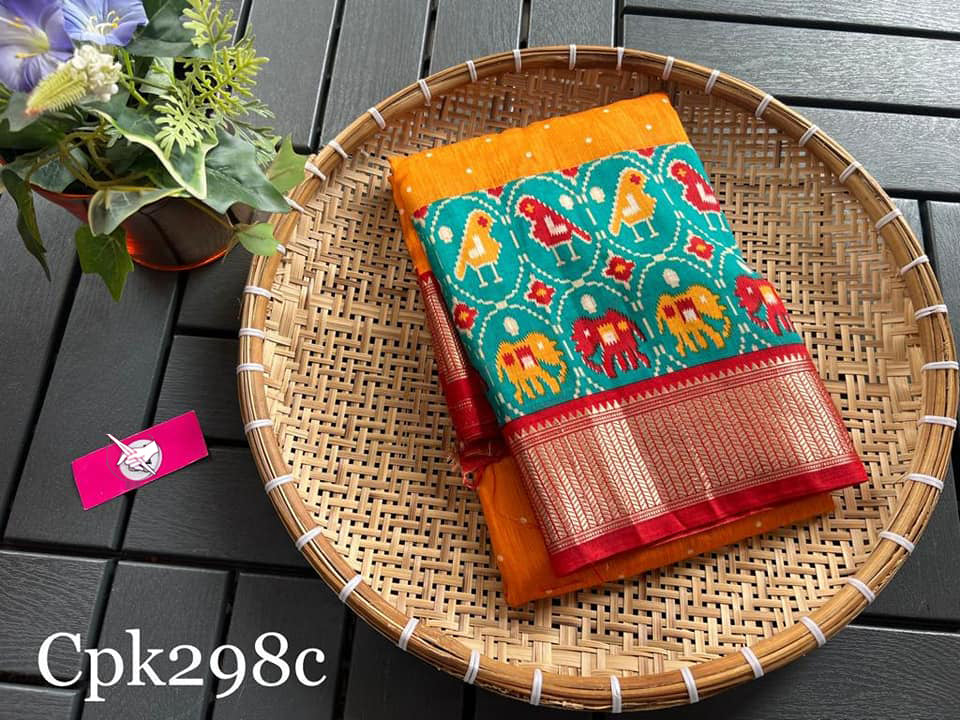 Partywear Orange Tussar Soft Silk Saree Handloom Design With Zari And Digital Fusion