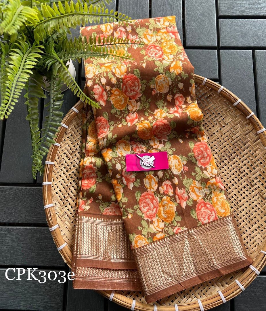 Handloom Tussar Silk Saree With Zari Border And Ethnic Digital Prints Brown Colour