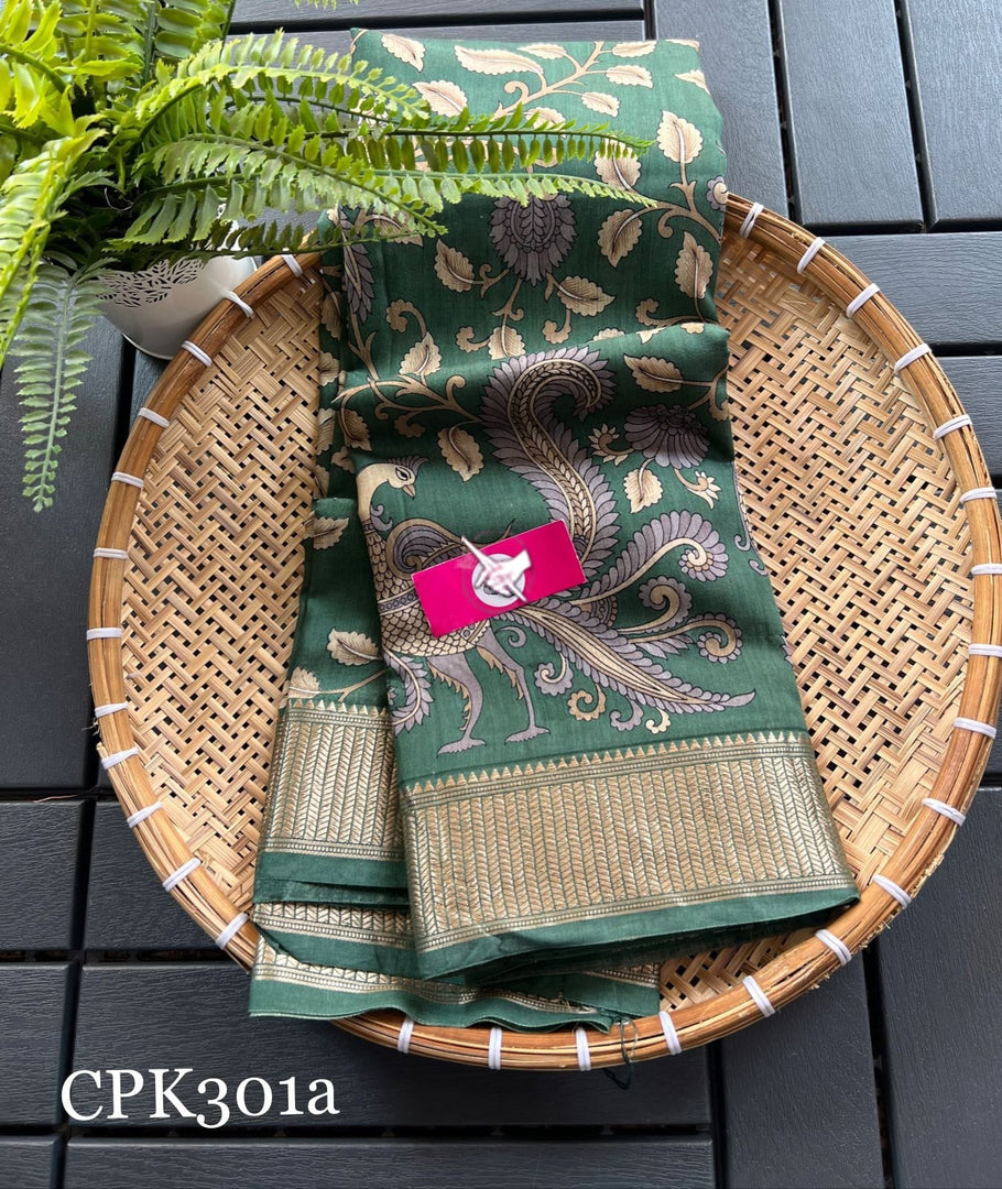 Green Assam Soft Silk Saree Woven Border Digital Print Saree For Daily Use