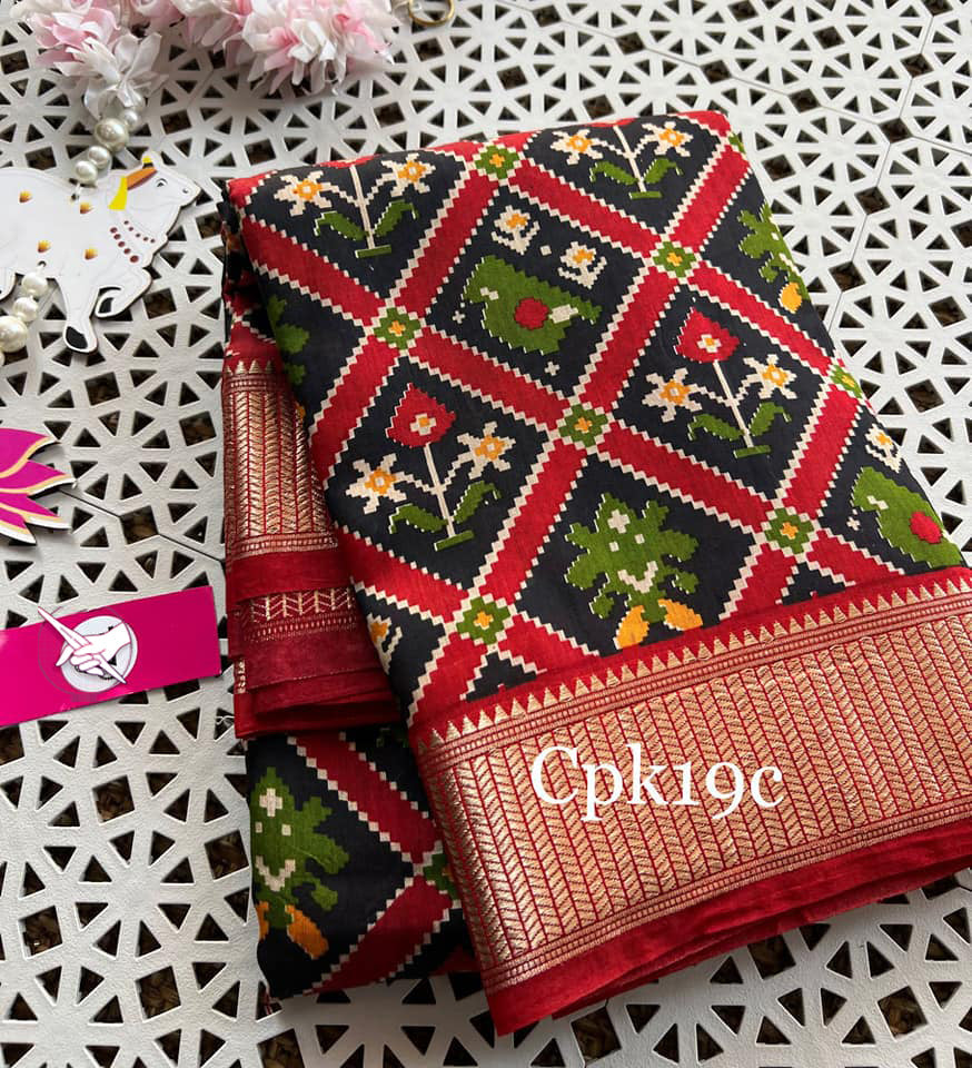 Engaging Black And Red Tussar Soft Silk Saree Handloom Woven With Digital Print And Zari Border