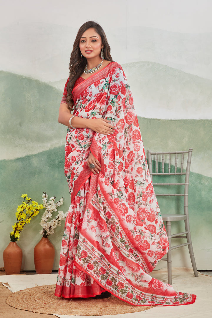 Daily Wear Red Printed Linen Saree Zari Trimmed Border Look