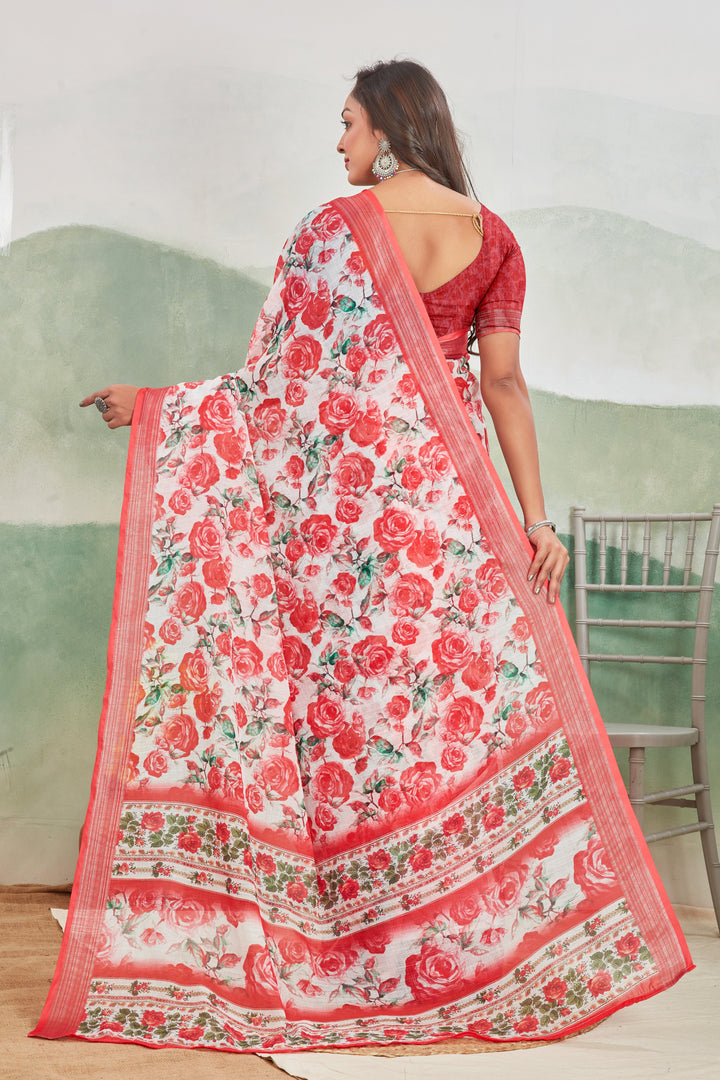 Daily Wear Red Printed Linen Saree Zari Trimmed Border Look