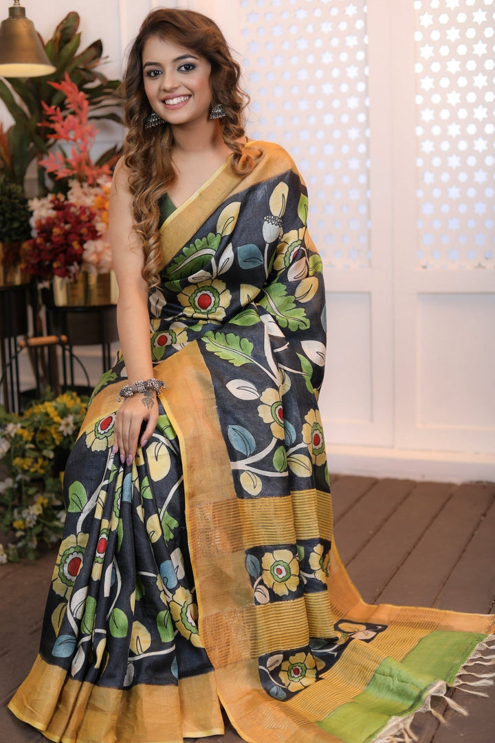 Heritage Tussar Silk Saree Handloom Weave With Kalamkari Design And Blouse Fabric