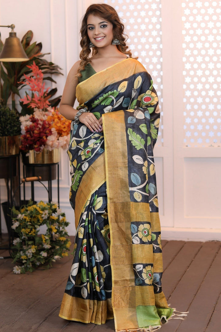 Heritage Tussar Silk Saree Handloom Weave With Kalamkari Design And Blouse Fabric