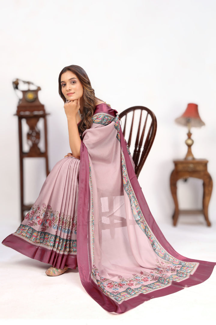 Get Luxury Baby Pink Viscose Satin Fabric Designer Saree In Festive Wear