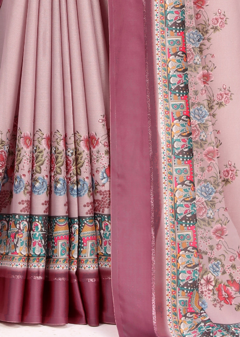 Baby Pink Designer Digital Print Viscose Satin Saree