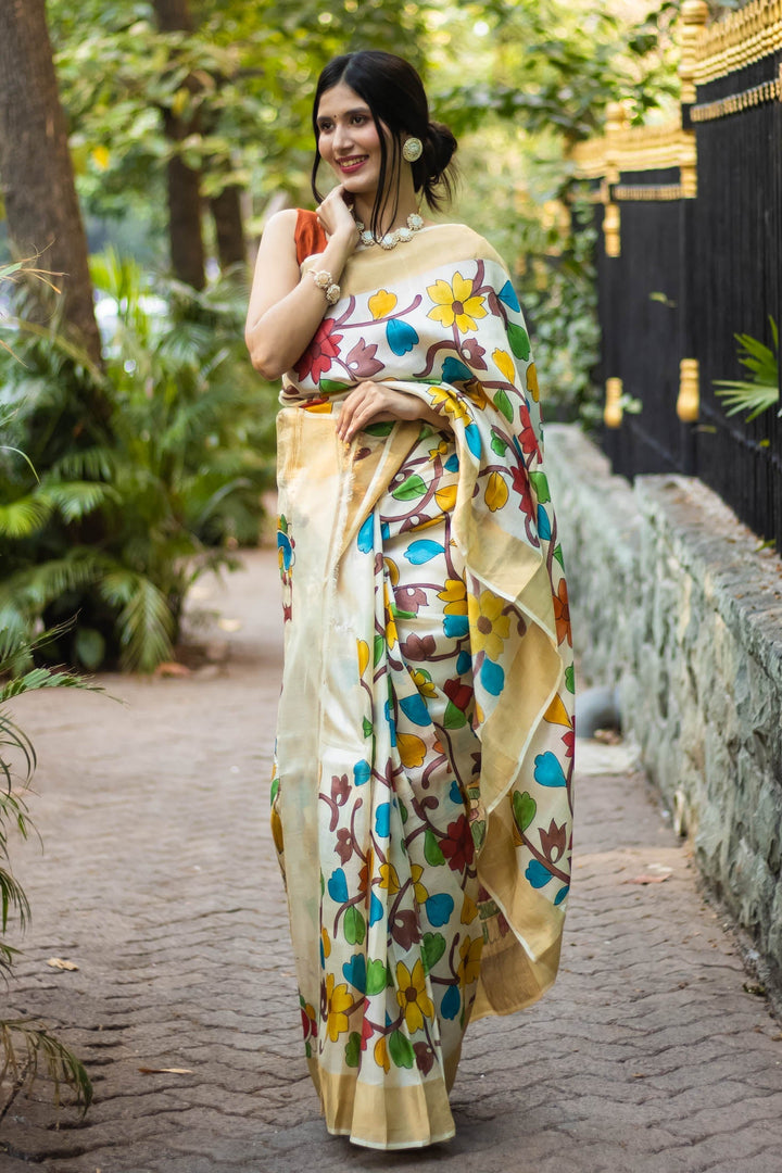 Hand Painted Floral Tussar Silk Kalamkari Beige Saree With Zari Border