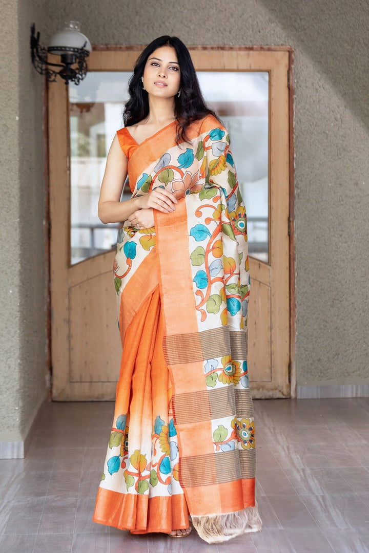 Hand Painted Soft Off White Kalamkari Saree In Tussar Silk Fabric
