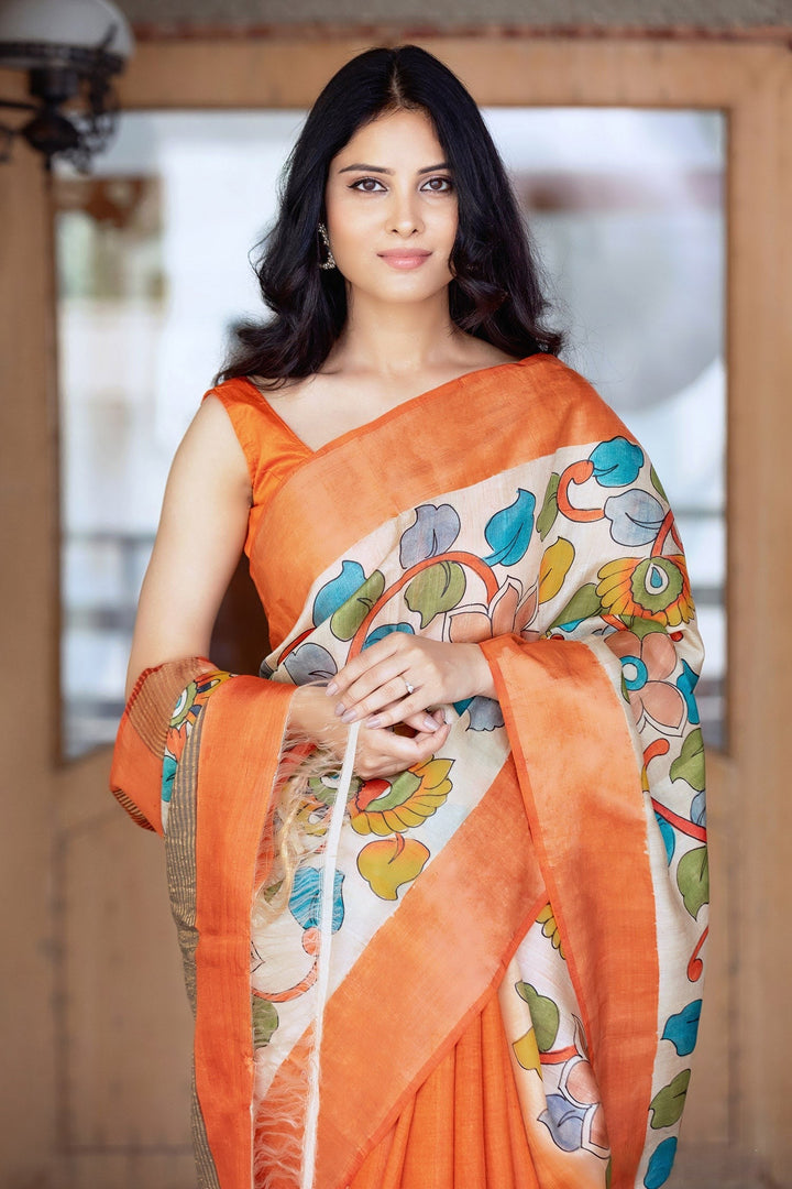 Hand Painted Soft Off White Kalamkari Saree In Tussar Silk Fabric
