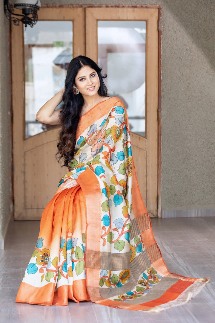 Hand Painted Soft Off White Kalamkari Saree In Tussar Silk Fabric