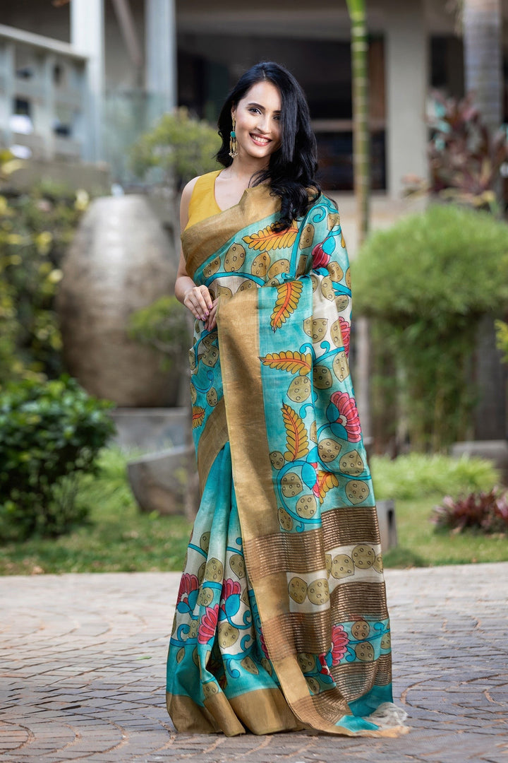 Elegant Handloom Tussar Silk Saree With Kalamkari Print And Unstitched Blouse