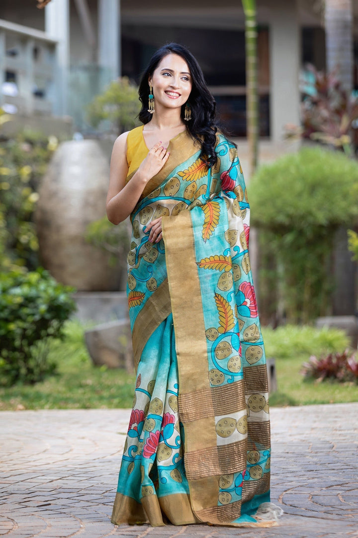 Elegant Handloom Tussar Silk Saree With Kalamkari Print And Unstitched Blouse