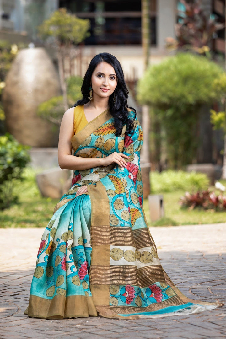 Elegant Handloom Tussar Silk Saree With Kalamkari Print And Unstitched Blouse