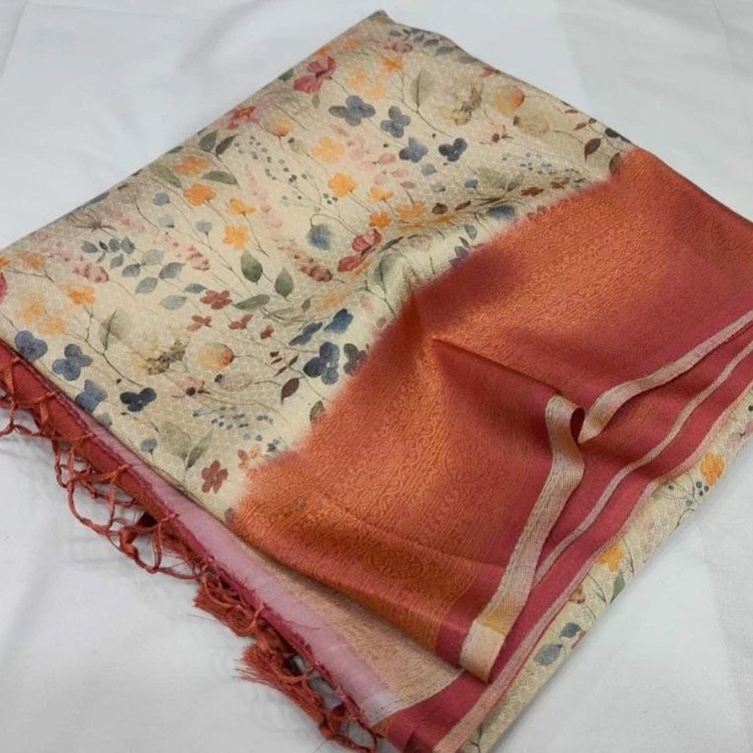 Captivating Beige Soft Silk Saree With Fusion Digital Print