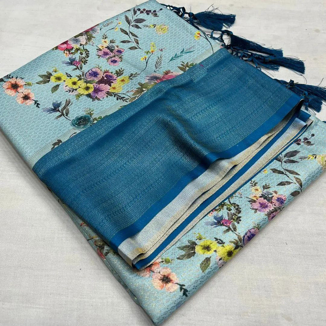 Mesmerizing Cyan Soft Silk Saree Lightweight Digital Print