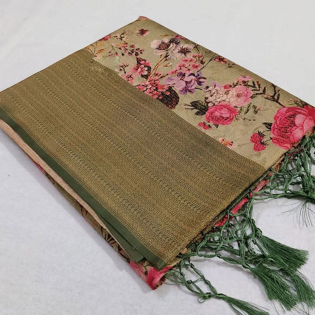 Printed Perfection Brown Glam Silk Saree With Stylish Blouse Match