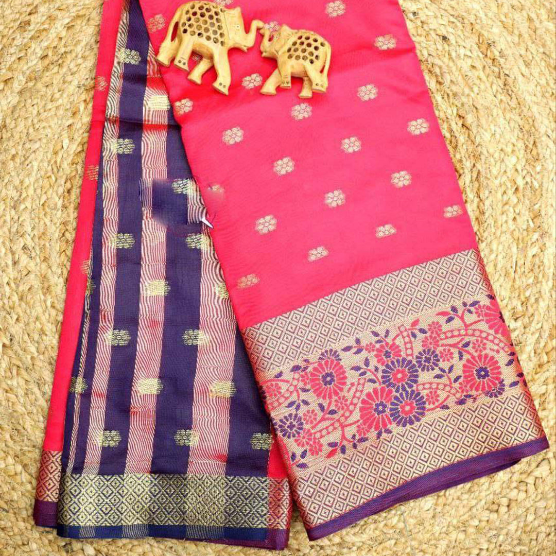 Appealing Rani Korvai Silk Saree With Classic Temple Weaves