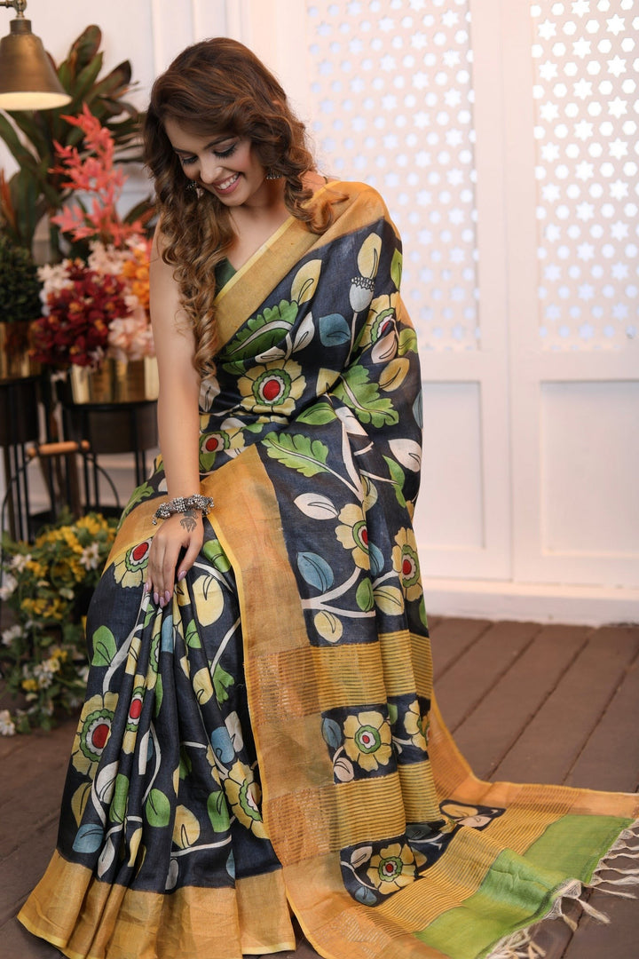 Heritage Tussar Silk Saree Handloom Weave With Kalamkari Design And Blouse Fabric