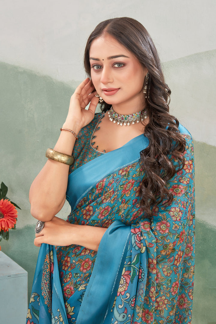 Safar Grey Digital Printed Viscose Satin Saree With Fancy Blouse